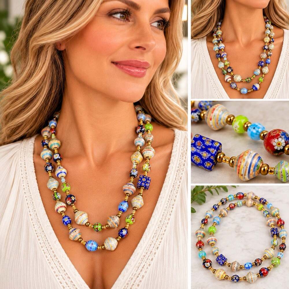 Vintage Millefiori Glass Bead Necklace 46" Multicolor Paper Beads Boho Artisan